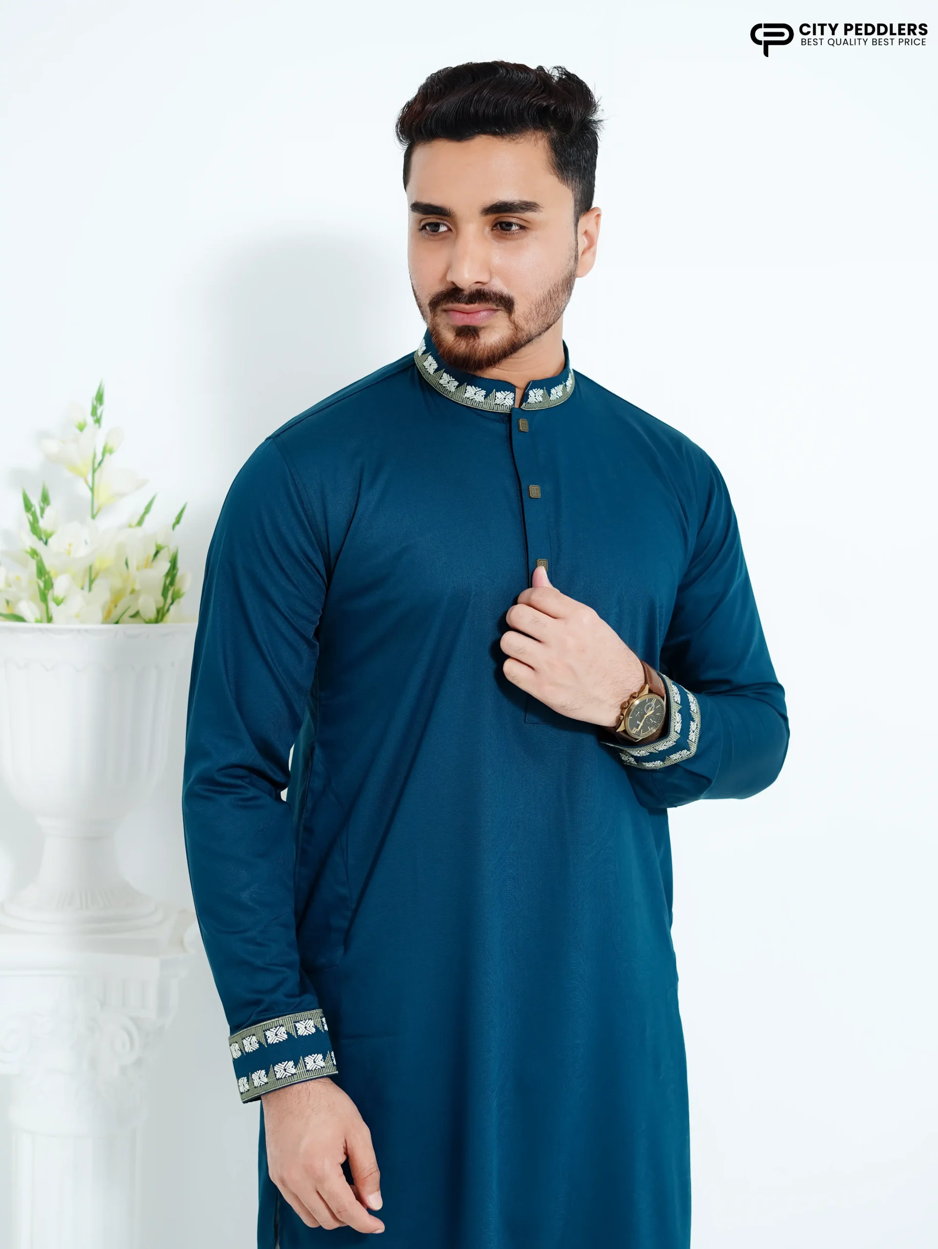 Panjabi 09-03-26 A 14 Teal Blue- Bamboo Panjabi - Image 1